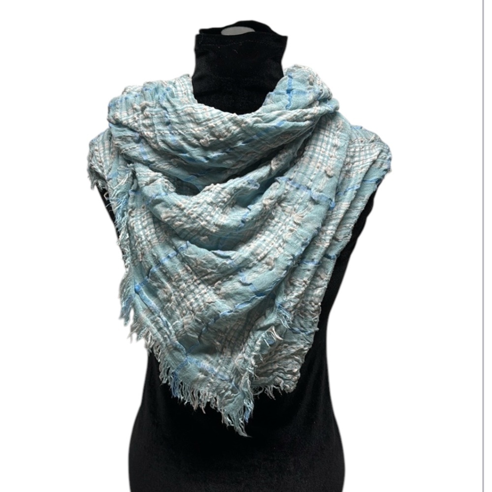 Blue plaid gauzy light blue boho square chunky fluffy scarf 41”x41” bohemian